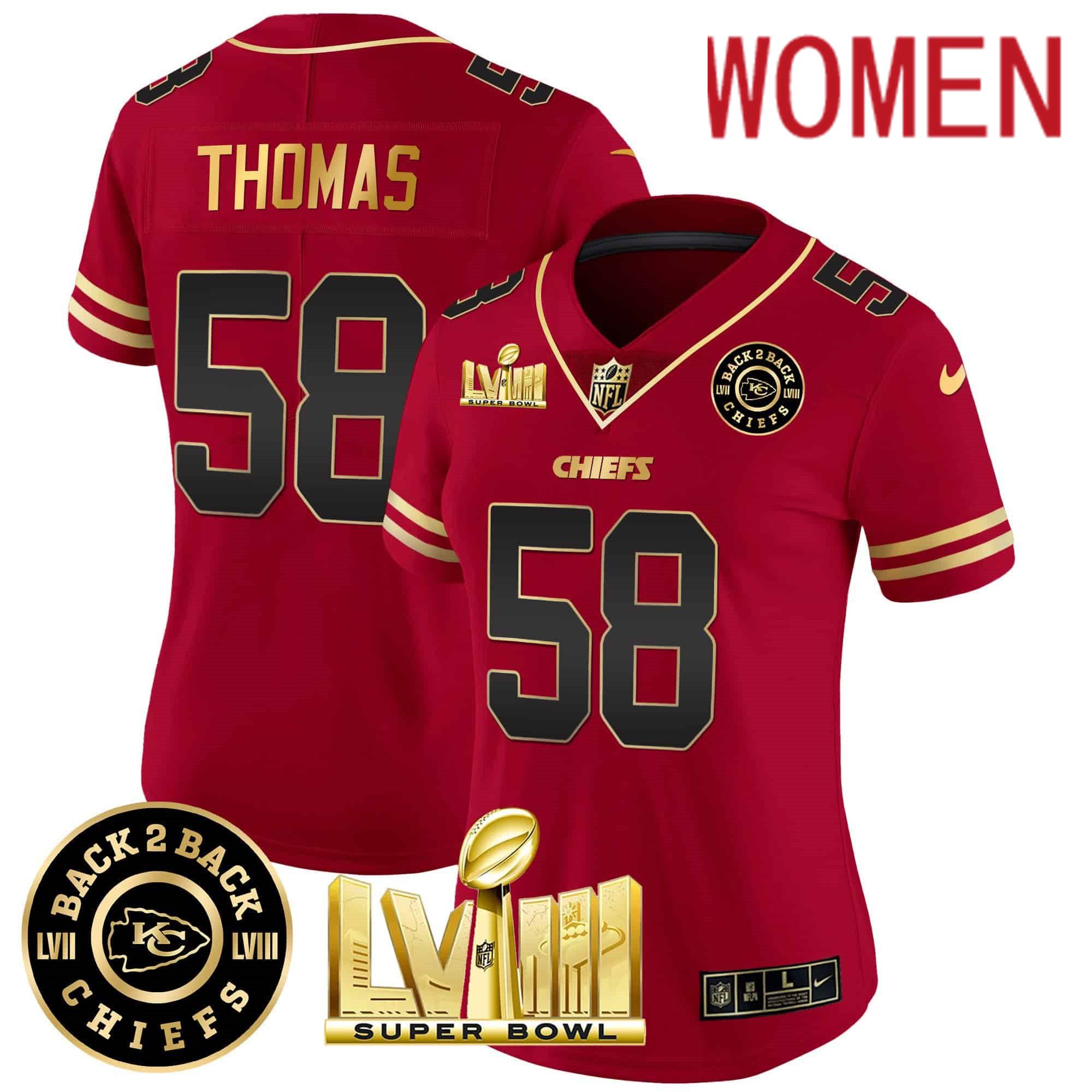Women Kansas City Chiefs 58 Thomas Red 2024 Nike Super Bowl LVIII & Back 2 Back Patch Vapor NFL Jersey style 1